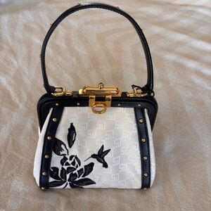NWT St. John Couture Rare Black and White Floral Hummingbird Silk & Leather Bag